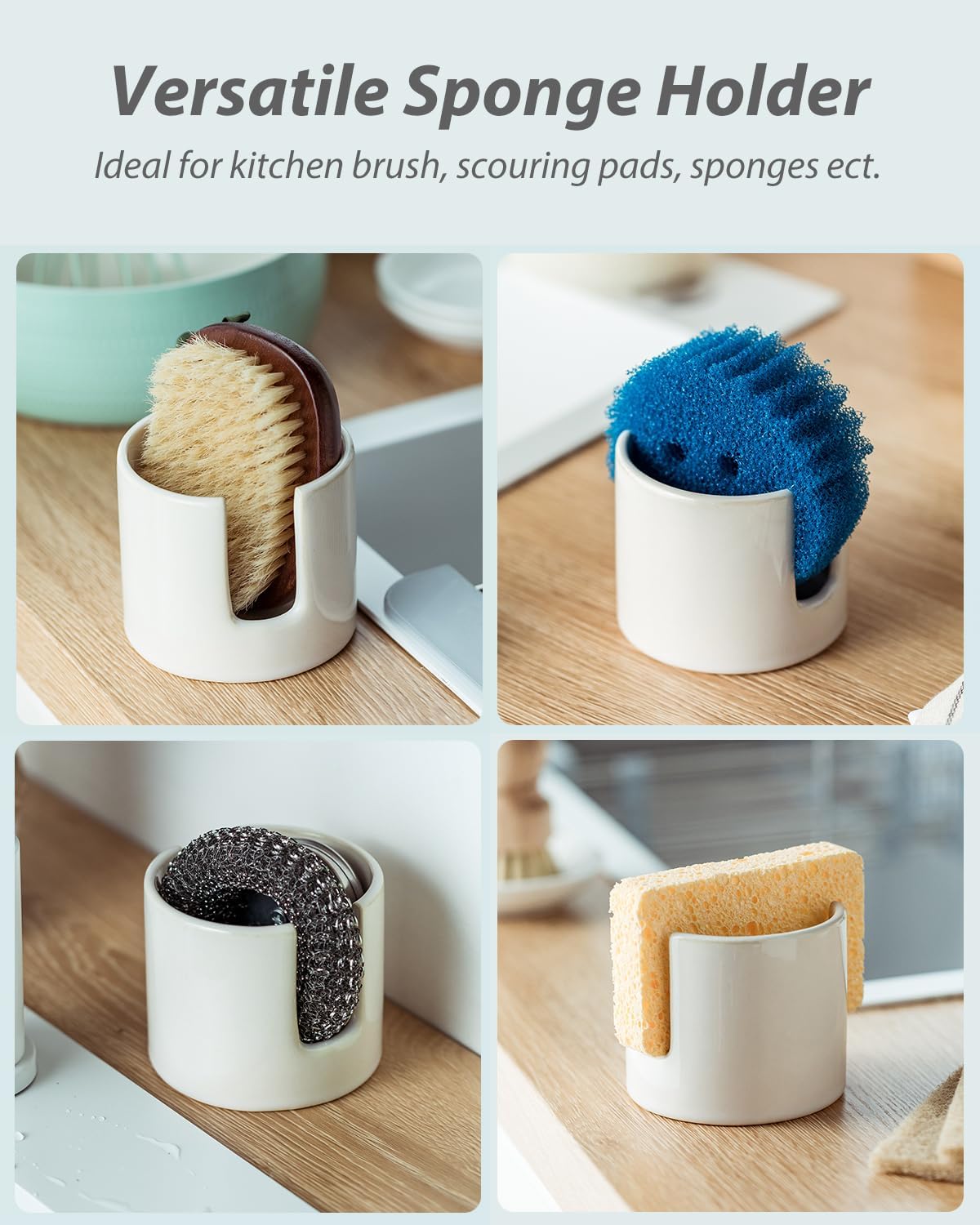 Sponge Holder for Kitchen Sink, Ceramic Dish Sponge Drying Caddy Scrubby Daddy Kitchen Organizer