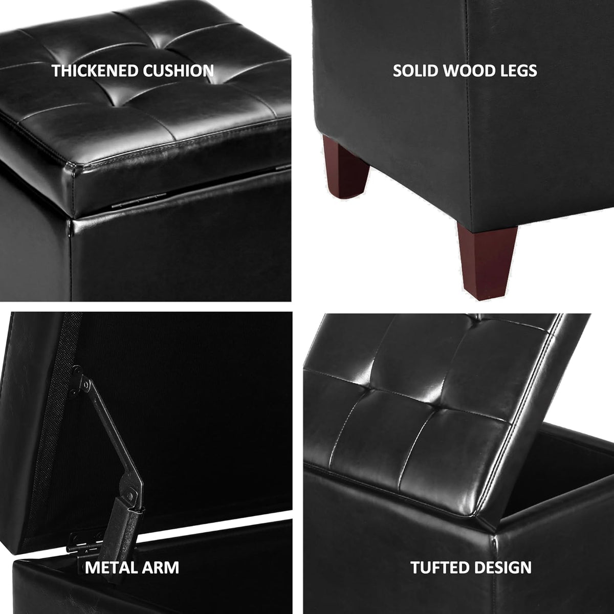 Adeco Storage Ottoman Foot Rest Stool, Leather Ottoman Footstool with Wood Legs and Hinged Lid, 18"