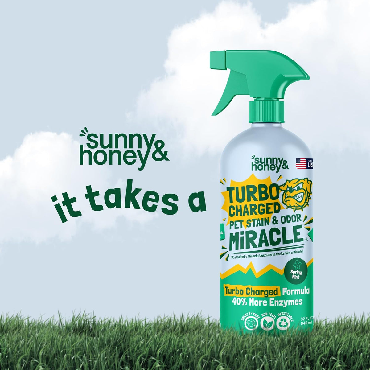 Sunny & Honey Pet Stain & Odor Miracle - Turbo Charged, 32 Fl Oz, Spring Mint - Carpet Shampooer