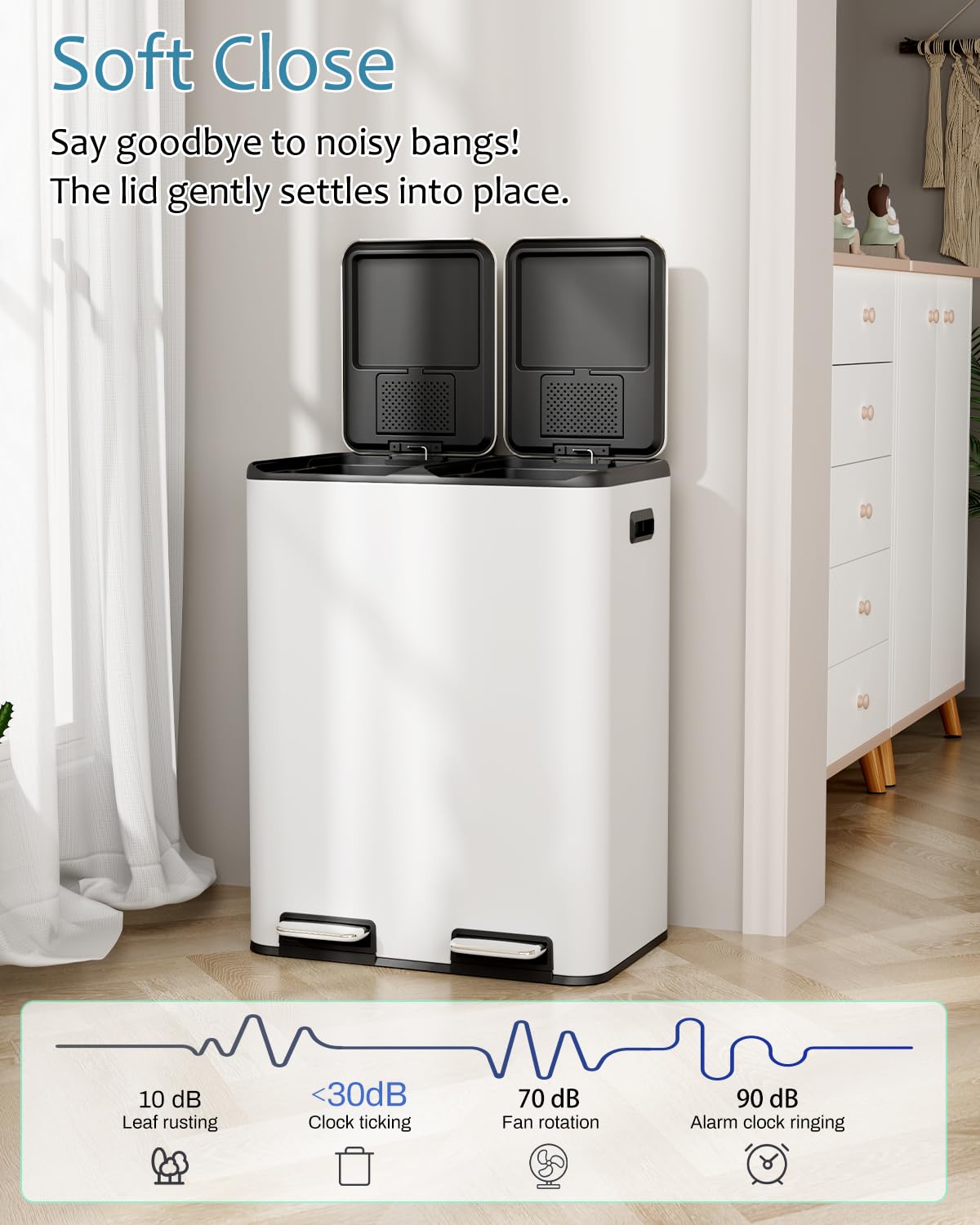 16 Gal (2 x 30 L) Dual Trash Can, Stainless Steel Kitchen Garbage Bin, Recycle Dustbin with Odor