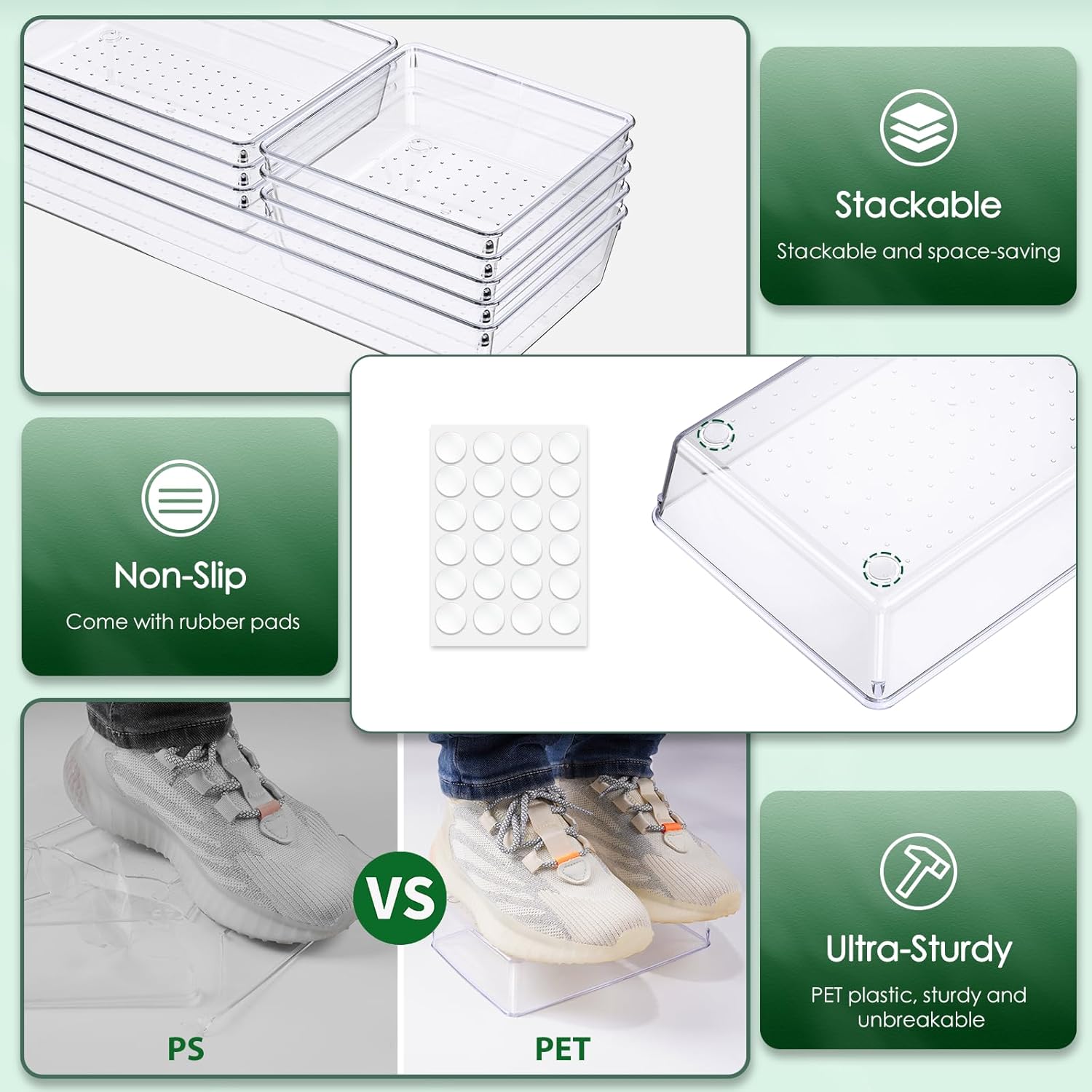 Criusia Drawer Organizer Set, Acrylic Non Slip Non Cracking Kitchen Drawer Storage Tray Large Size