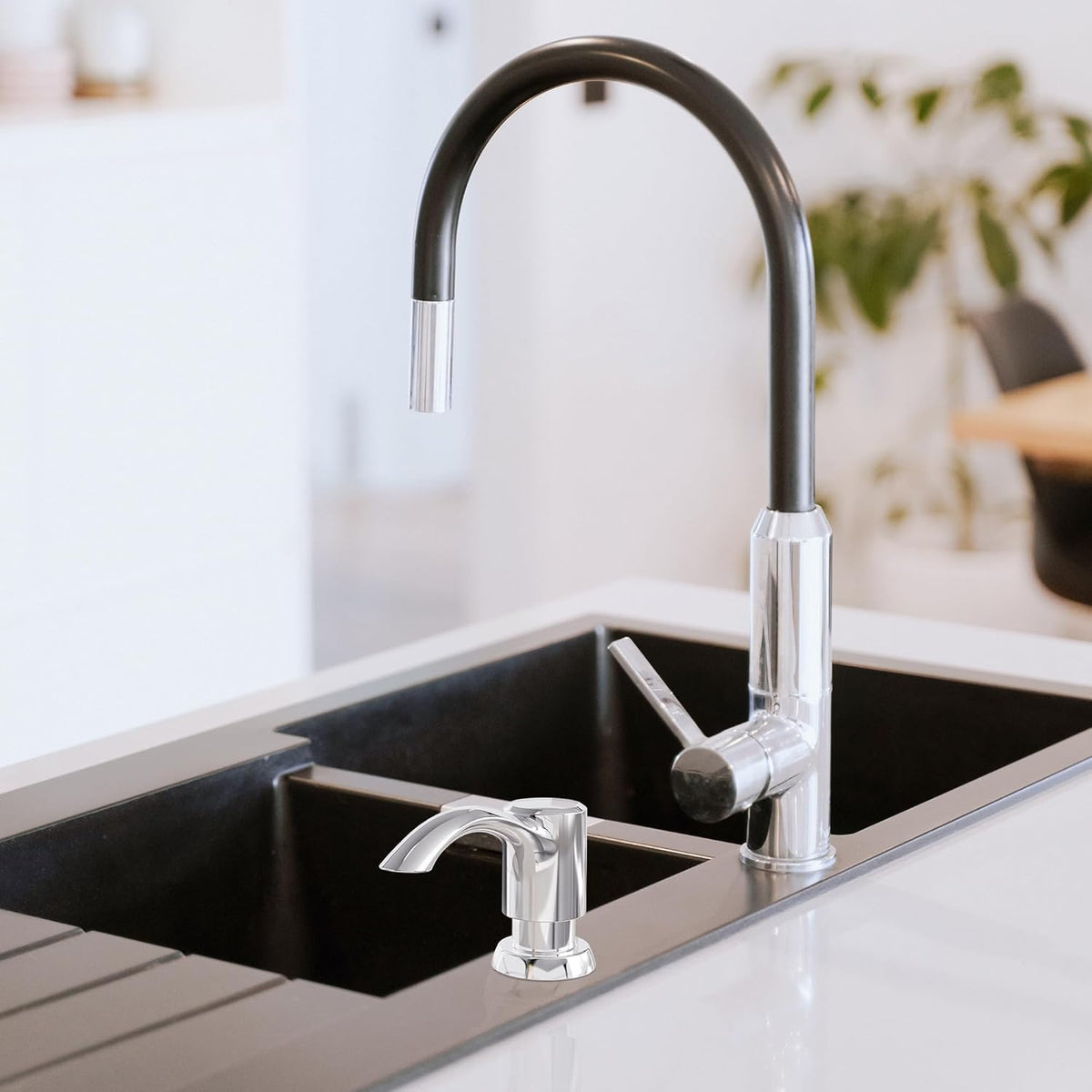 SAMODRA Built-in Kitchen Sink Soap Dispenser with Extension Tube Kit - Chrome Finish, Leak-Proof