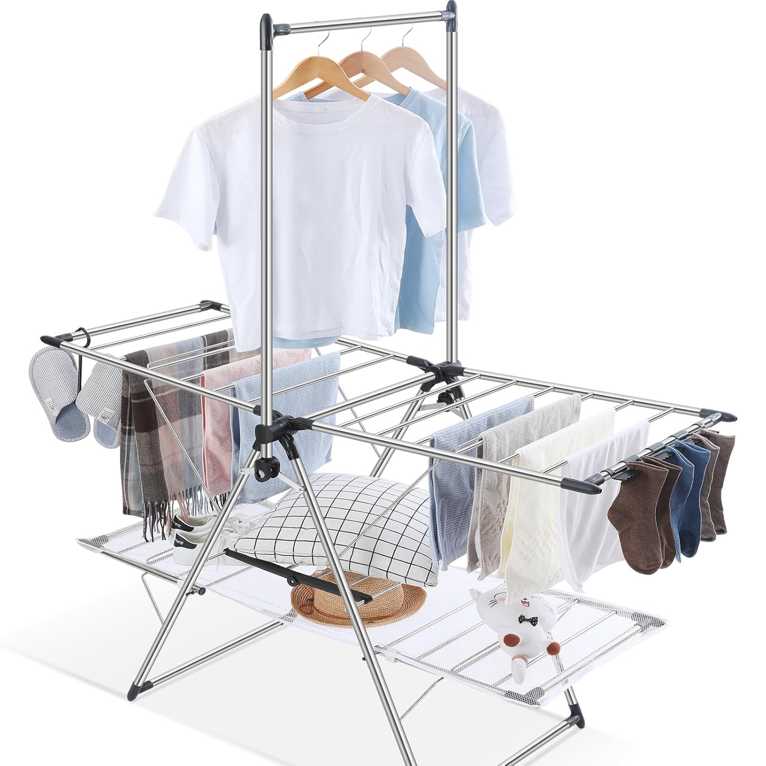 APEXCHASER Clothes Drying Rack, Foldable 2-Level Drying Racks with High Hanger, Metal Laundry Stand