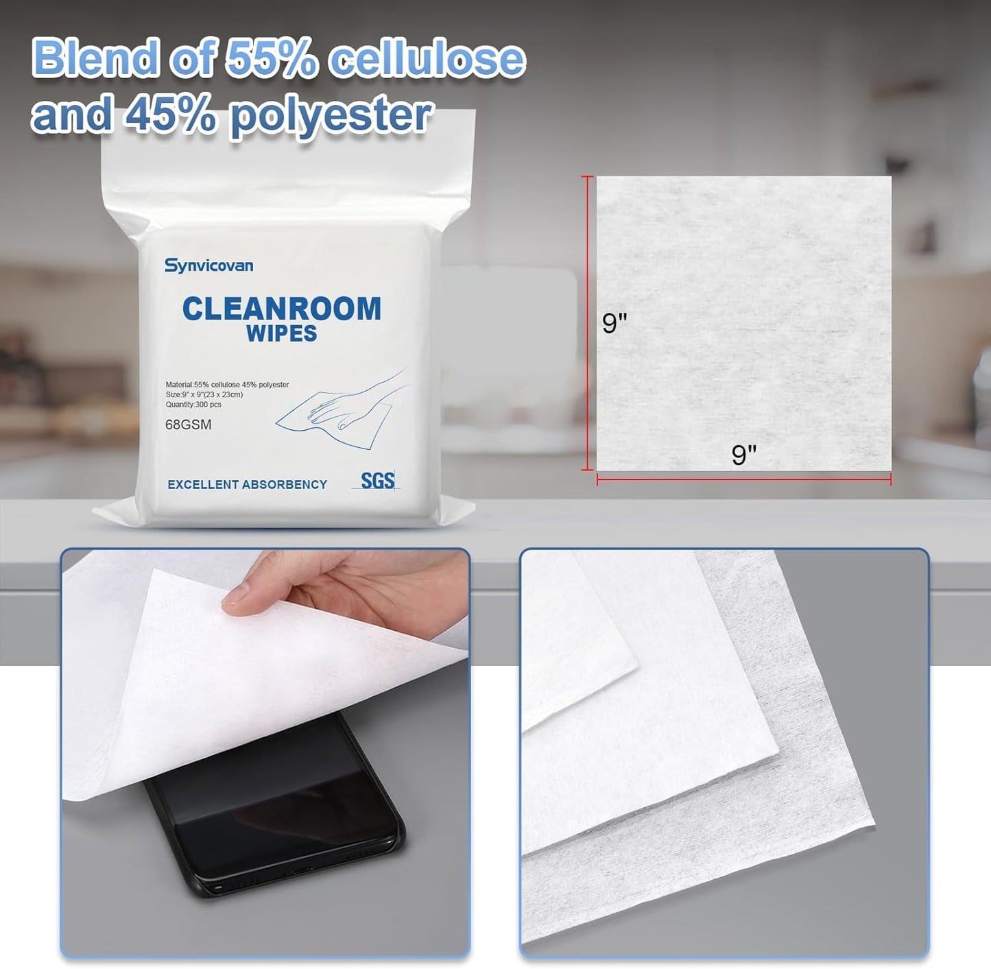 Cleanroom Wipes 9"x9" (300 Pcs, Cellulose/Polyester Blend, Grade A, 68GSM) Lint Free Wipes for