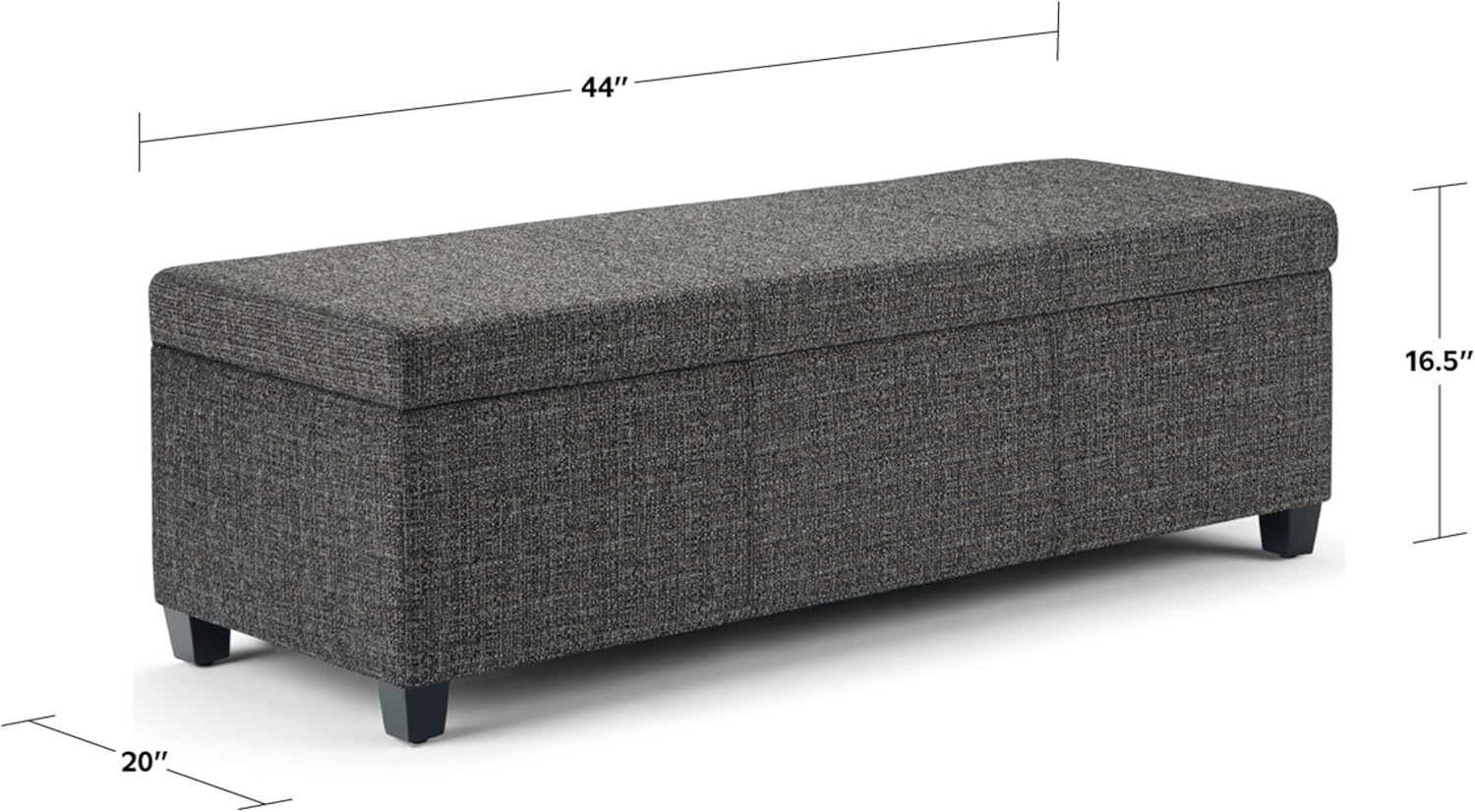 SIMPLIHOME Avalon 48 inch Wide Contemporary Rectangle Storage Ottoman Bench in Dark Grey Tweed Look