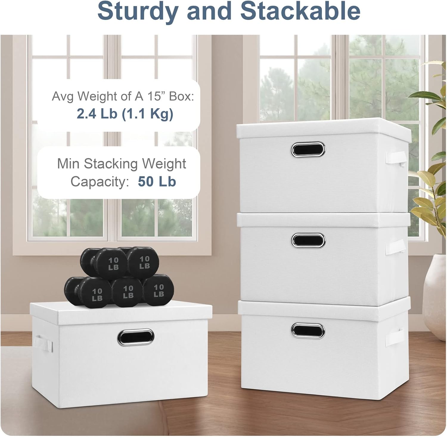 Medium 15" 21 Quart Collapsible Stackable Storage Bins with Lids, 5 Packs White Foldable Fabric