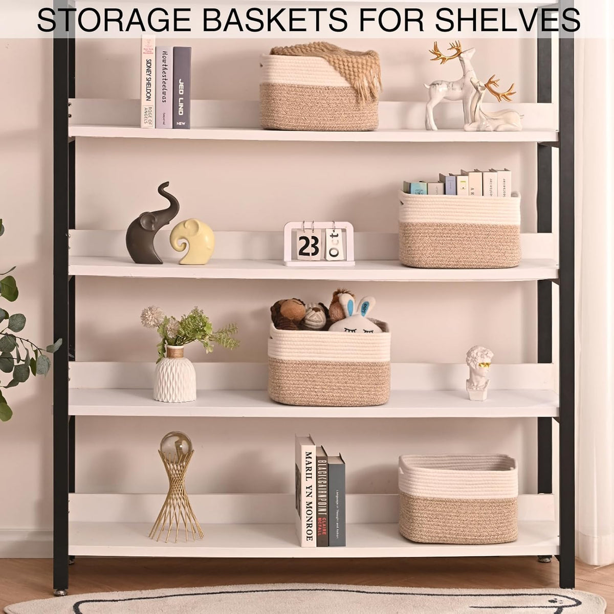 Small Storage Baskets for Organizing, Woven Storage Baskets for Shelves, Cotton Rope Basket for