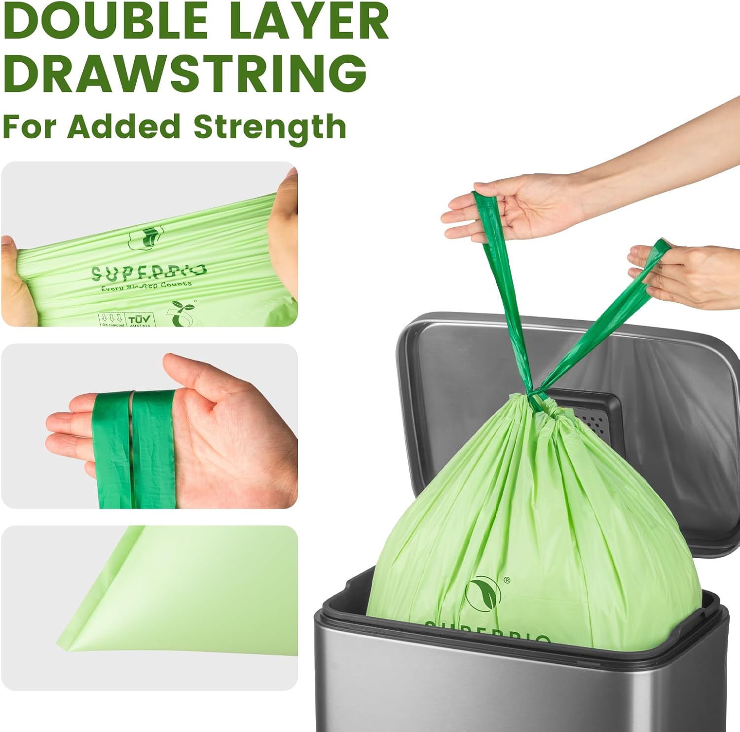 SUPERBIO 4 Gallon Compostable Drawstring Food Scrap Bags,15.1 Liter, 40 Count, 0.9 Mil,Heavy Duty