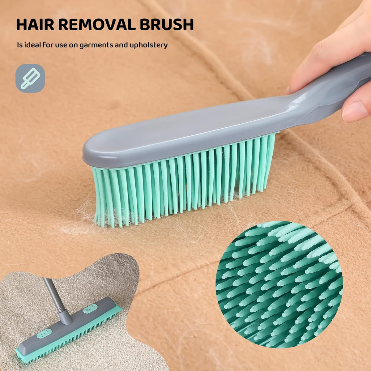 Conliwell Rubber Broom Carpet Rake for Pet Hair, Fur Remover Broom with Squeegee, Portable