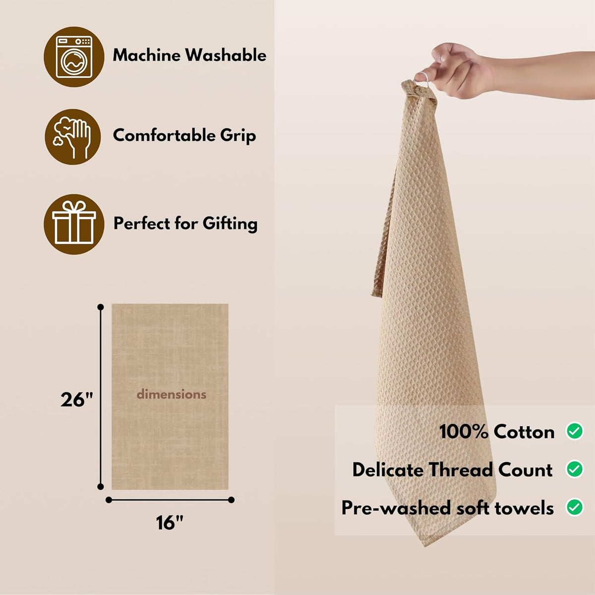 Native Fab Cotton Kitchen Towel with Hanging Loop 16x26 inches, 4-Pack, Waffle Weave Kitchen Towels