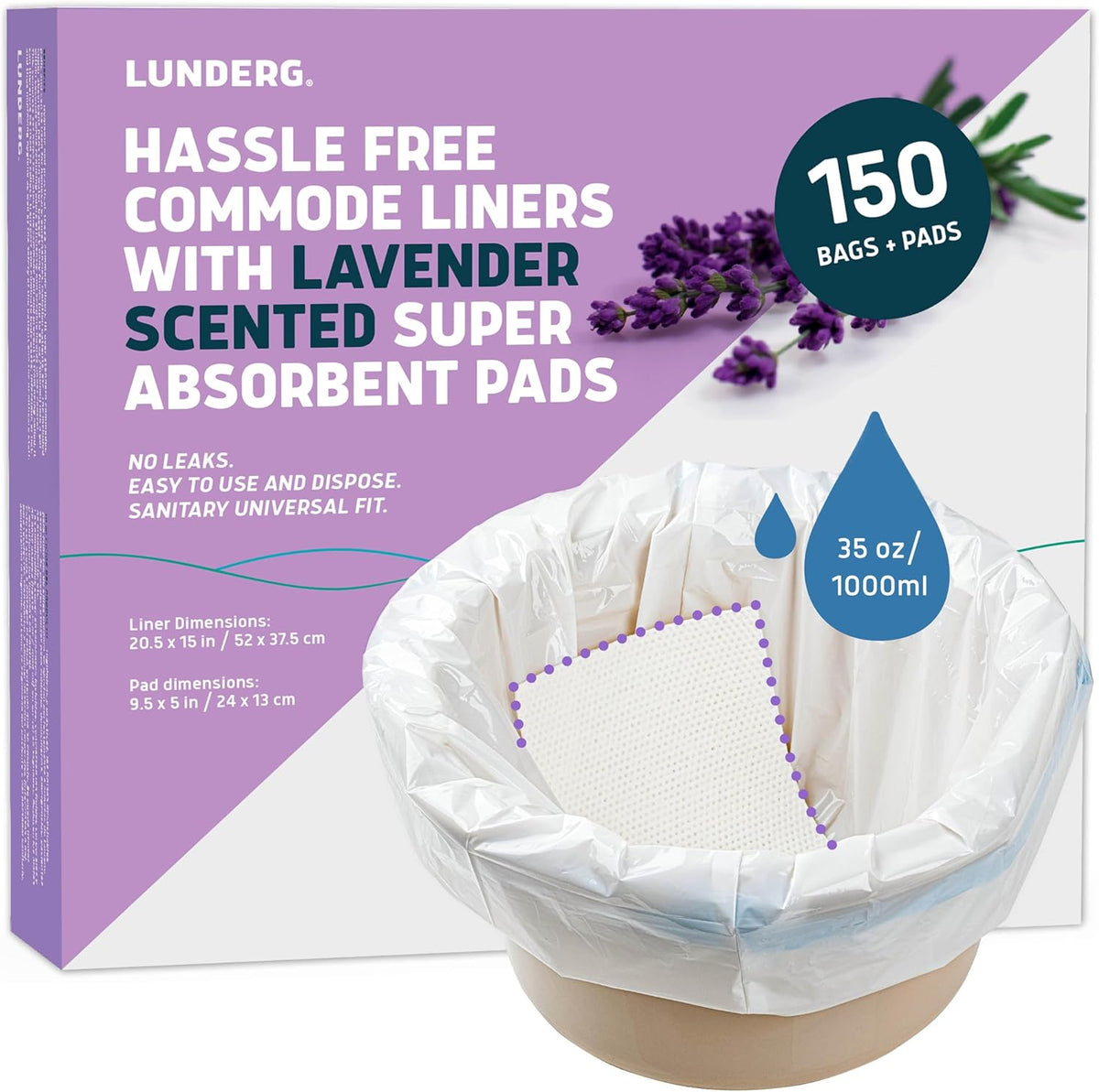 Lunderg Commode Liners with Absorbent Pads - Lavender Scent Medical Grade 150 Count Universal Fit