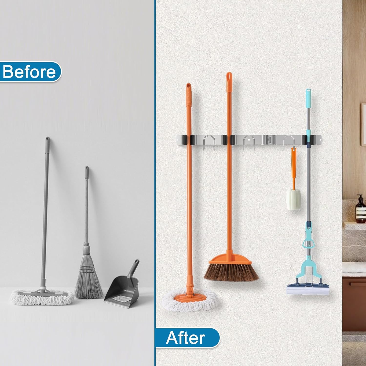 Mop Broom Holder Wall Mount, 2 Packs Silver Stainless Steel Tool Storage Organizer for Kitchen