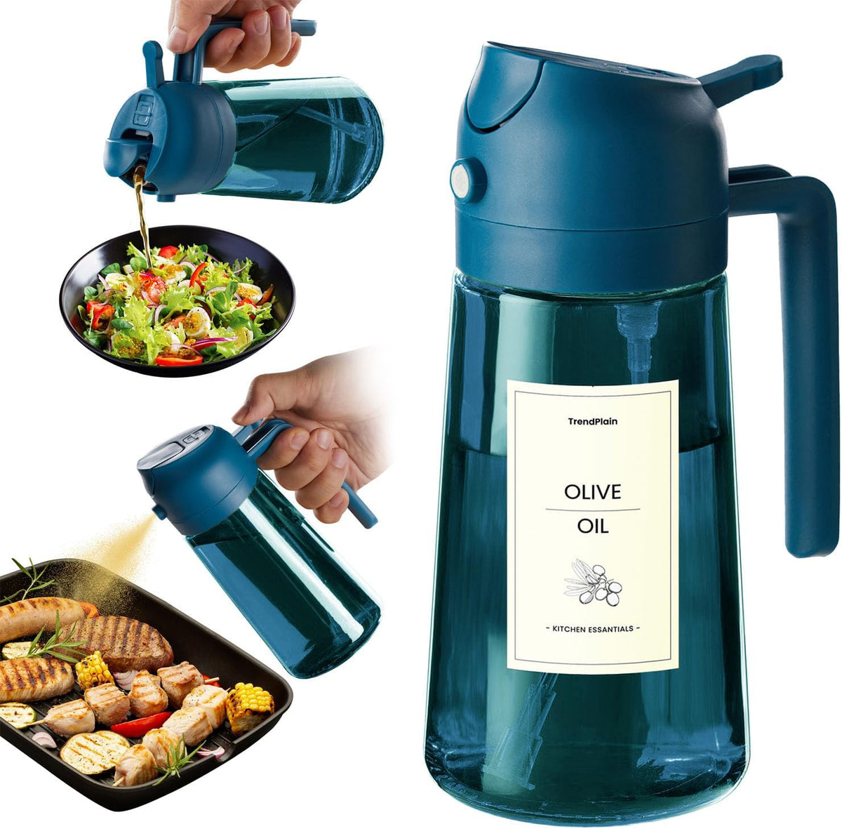 TrendPlain 16oz/470ml Blue Glass Olive Oil Sprayer for Cooking - 2 in 1 Olive Oil Dispenser for