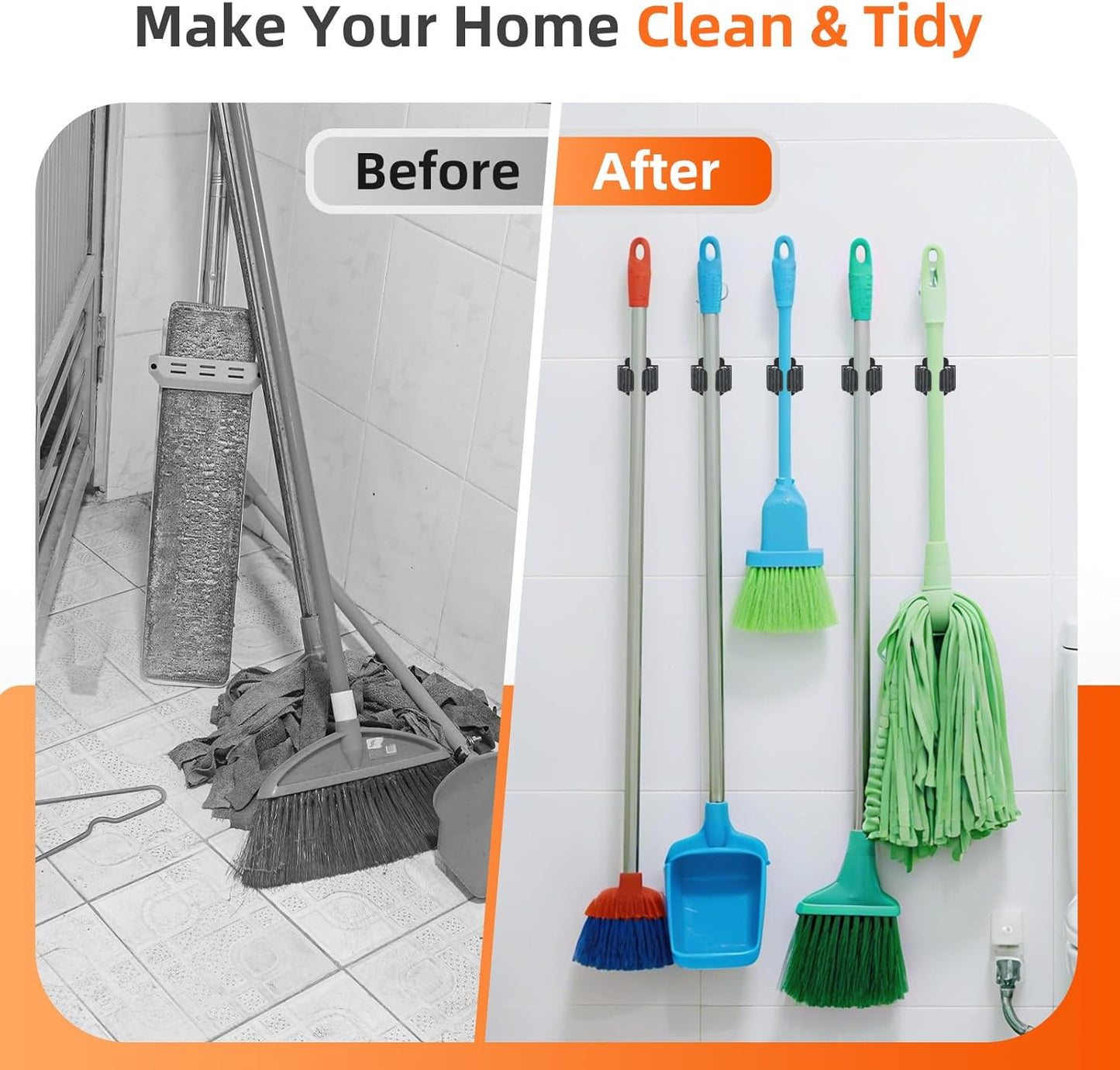 5 PCS Broom Holder Wall Mount, Upgraded Heavy Duty Mop and Broom Holder Wall Mount, Stainless Steel
