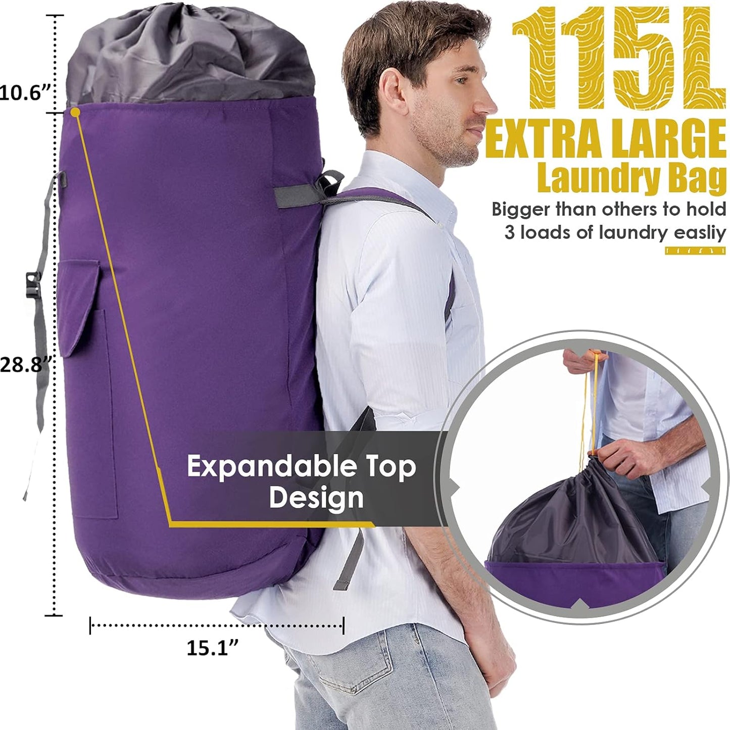 College Laundry Bag Extra Large Heavy Duty, Purple 115L Laundry Backpack Bag, Dorm Laundry Bag with