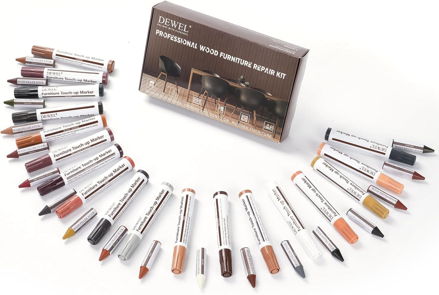 DEWEL Wood Furniture Markers & Filler Sticks Repair Kit, New Improved 18 Colors Touch Up Markers