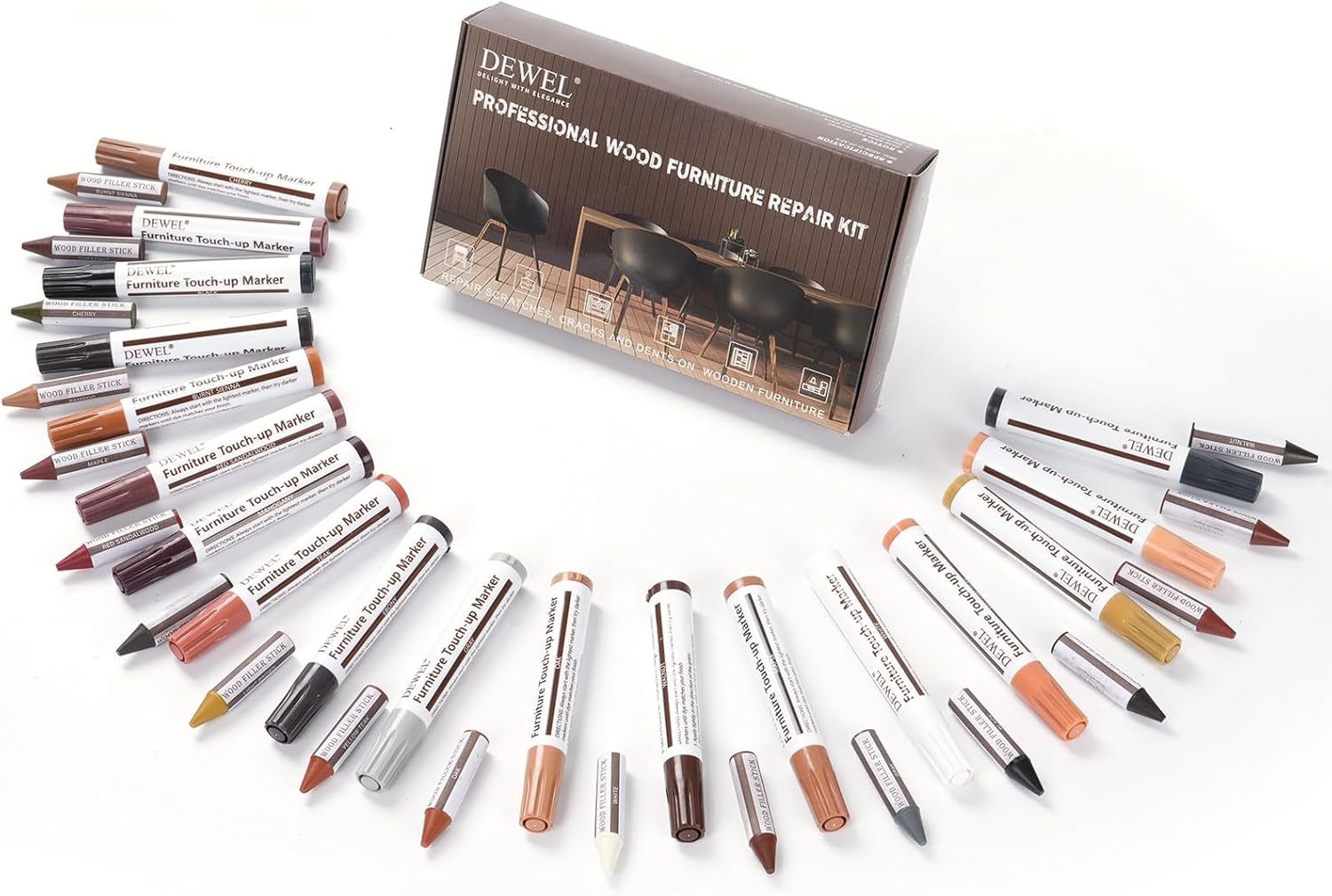 DEWEL Wood Furniture Markers & Filler Sticks Repair Kit, New Improved 18 Colors Touch Up Markers