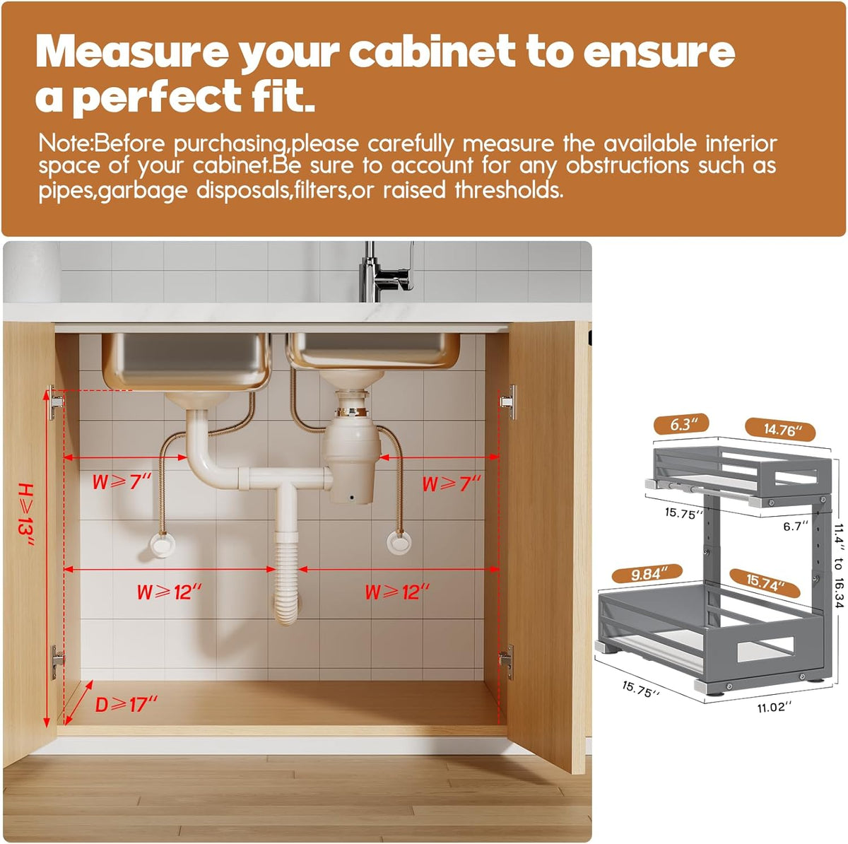 1-Pack Under Sink Organizers and Storage,2-Tier L Shape Pull Out Cabinet Organizer With Round Tube