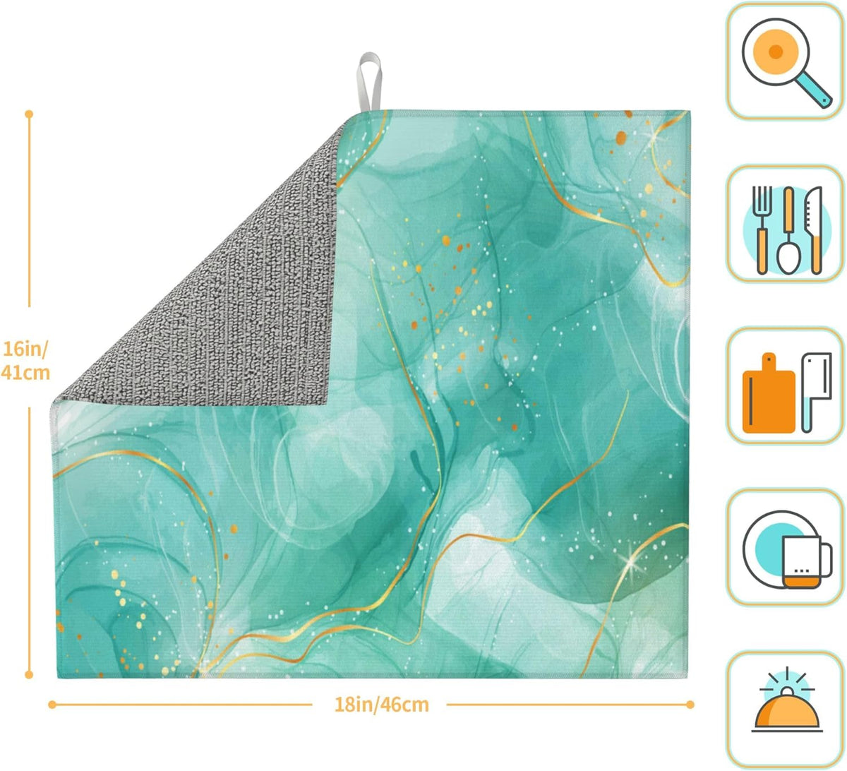 Teal Gold Marble Dish Drying Mat for Kitchen Counter Green Turquoise Dish Drainer Rack Mats 16x18