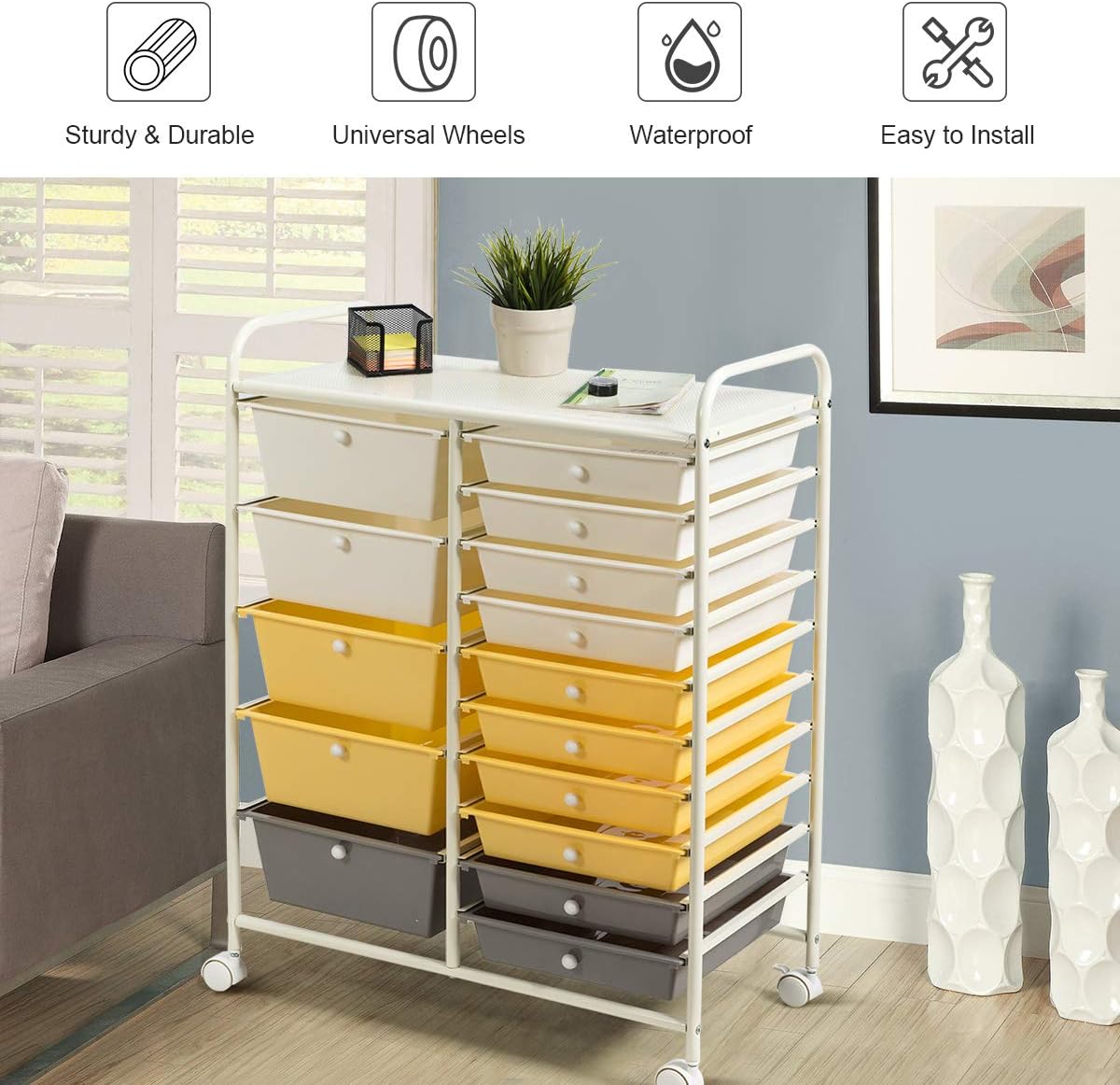 GOFLAME 15-Drawer Rolling Storage Cart, Multipurpose Movable Organizer, Utility Cart for Home