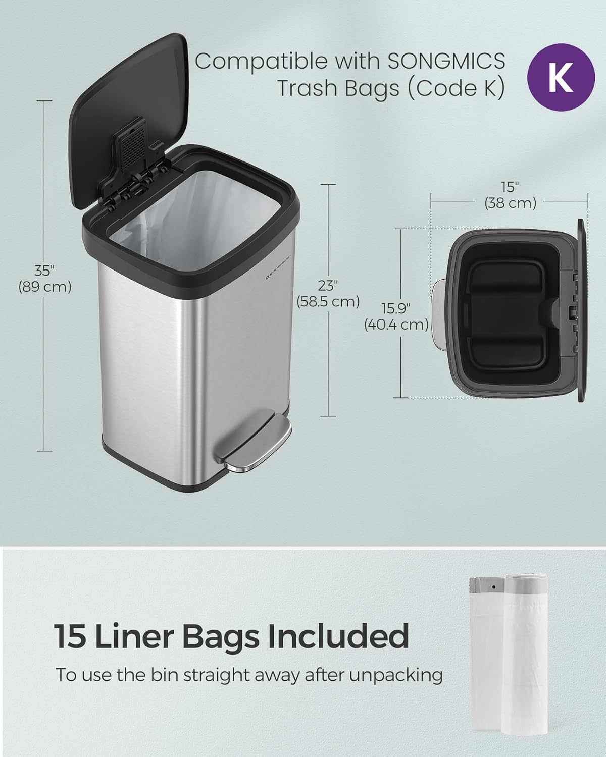 SONGMICS Kitchen Trash Can, 13 Gallon (50 L) Stainless Steel Garbage Can, with Stay-Open Lid and