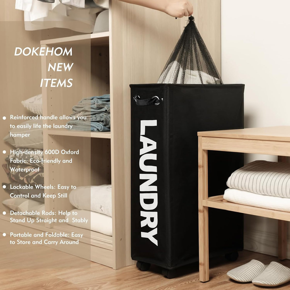 DOKEHOM 29-Inches Enlarged Slim Laundry Basket with Removable Wash Bag on Wheels, Collapsible