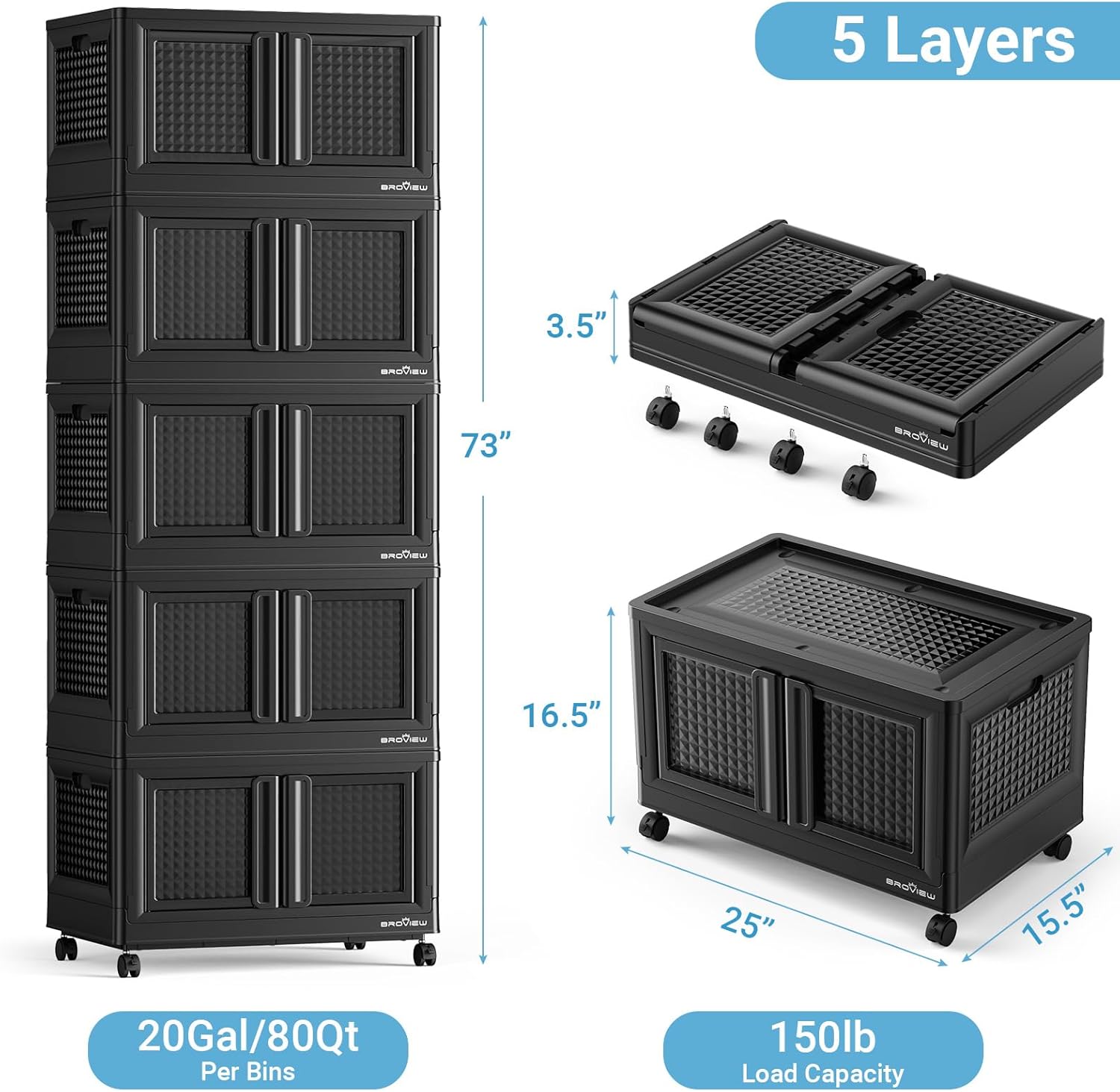 BROVIEW 500 Qt Stackable Storage Bins with Lids & Doors, 5 Pack Plastic Closet Organizer and