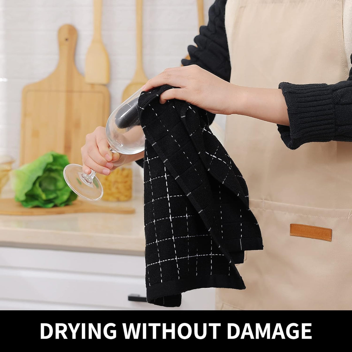 Homaxy 100% Cotton Terry Kitchen Towels(Black, 13 x 28 inches), Checkered Designed, Soft and Super