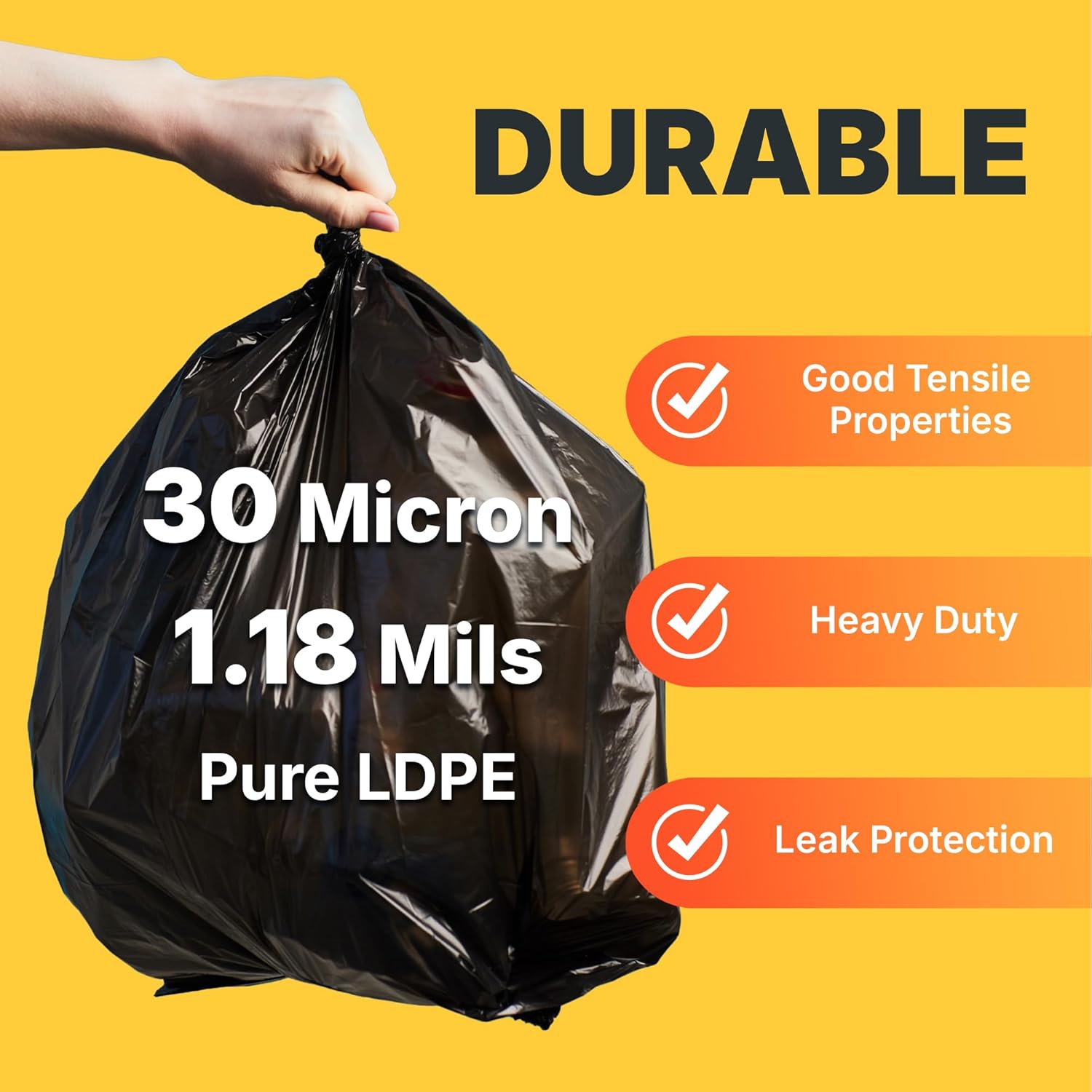 55-60 Gallon Trash Bags, 30 Micron Heavy Duty Pure LDPE Garbage Can Liners, 36" x 58" Large, Black
