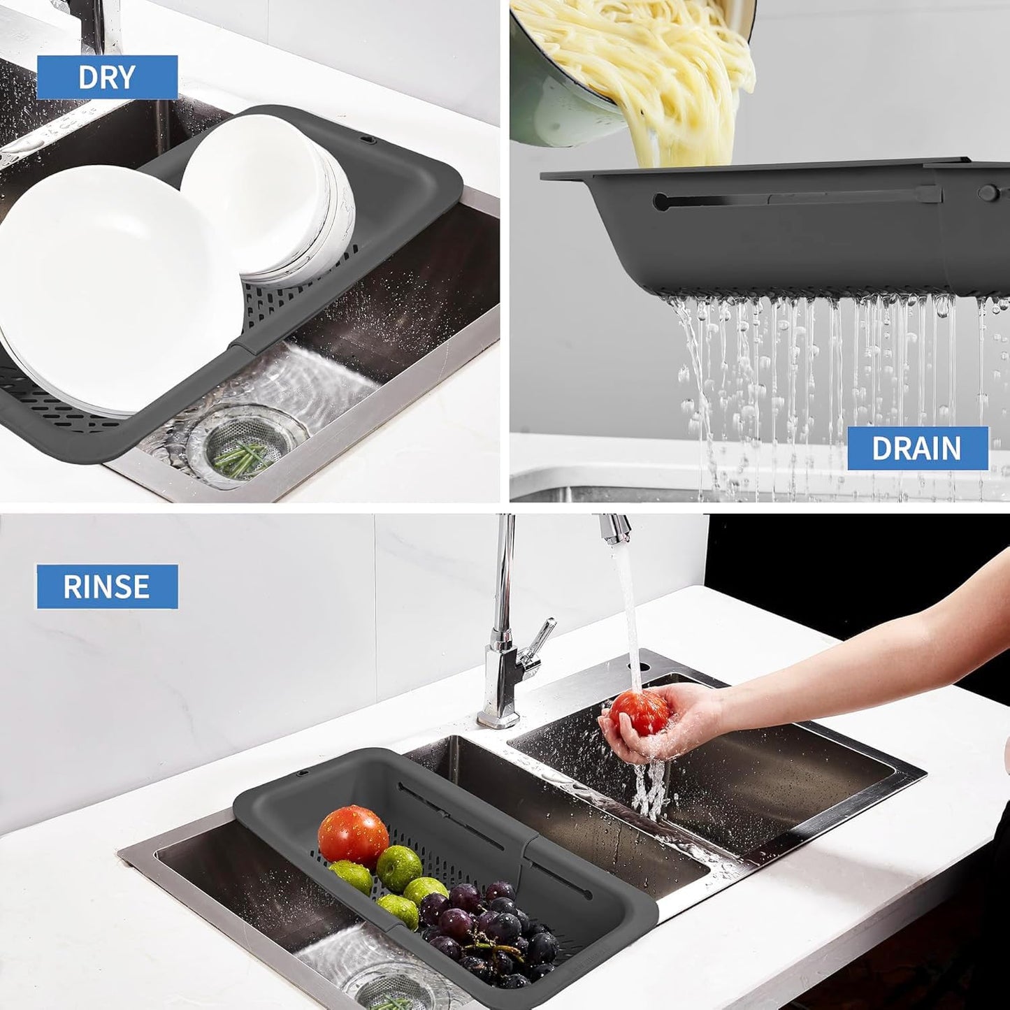 LASSHSWA Collapsible Colander and Strainer for Kitchen, Over the Sink Strainer Basket for Kitchen