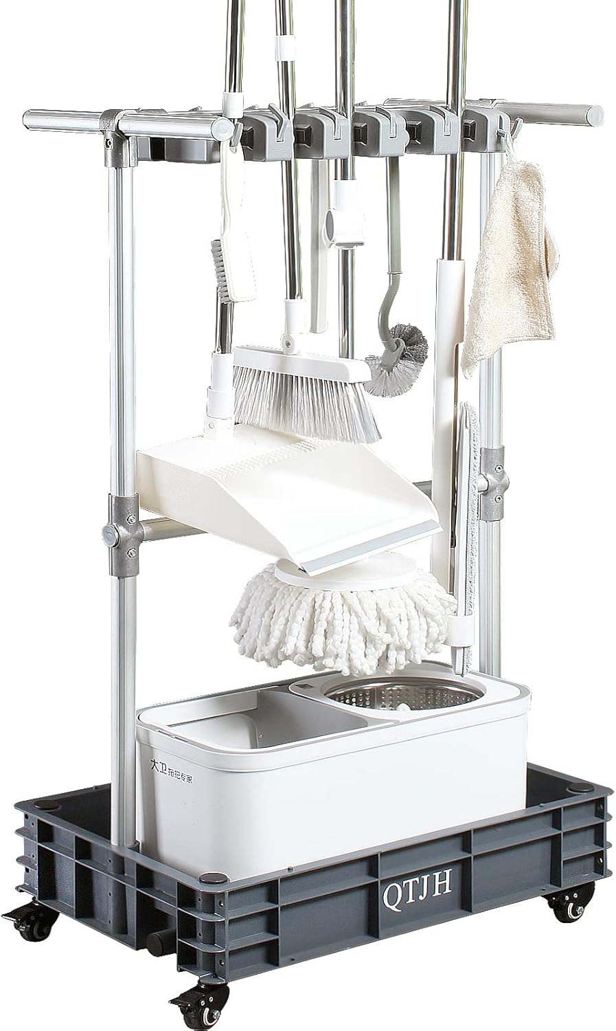 Broom mop holder cleaning supplies organizer janitorial carts on wheels housekeeping station