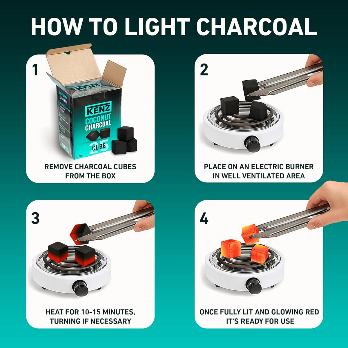 KENZ Charcoal Cubes, 25mm Low Ash Coconut Charcoal Briquettes, 100% Natural Coconut Shells
