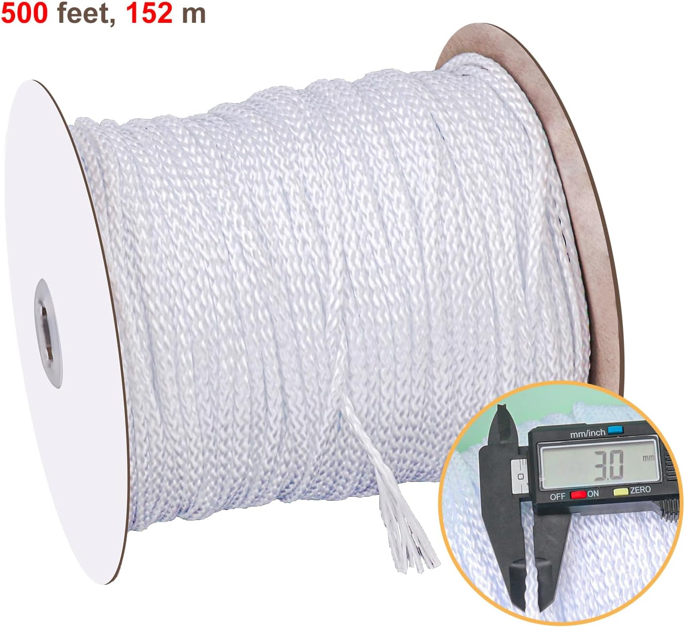 1/8 Inch White Polyester Rope - 500 Foot White Low Stretch Polyester Rope for Hiking, Kayaking