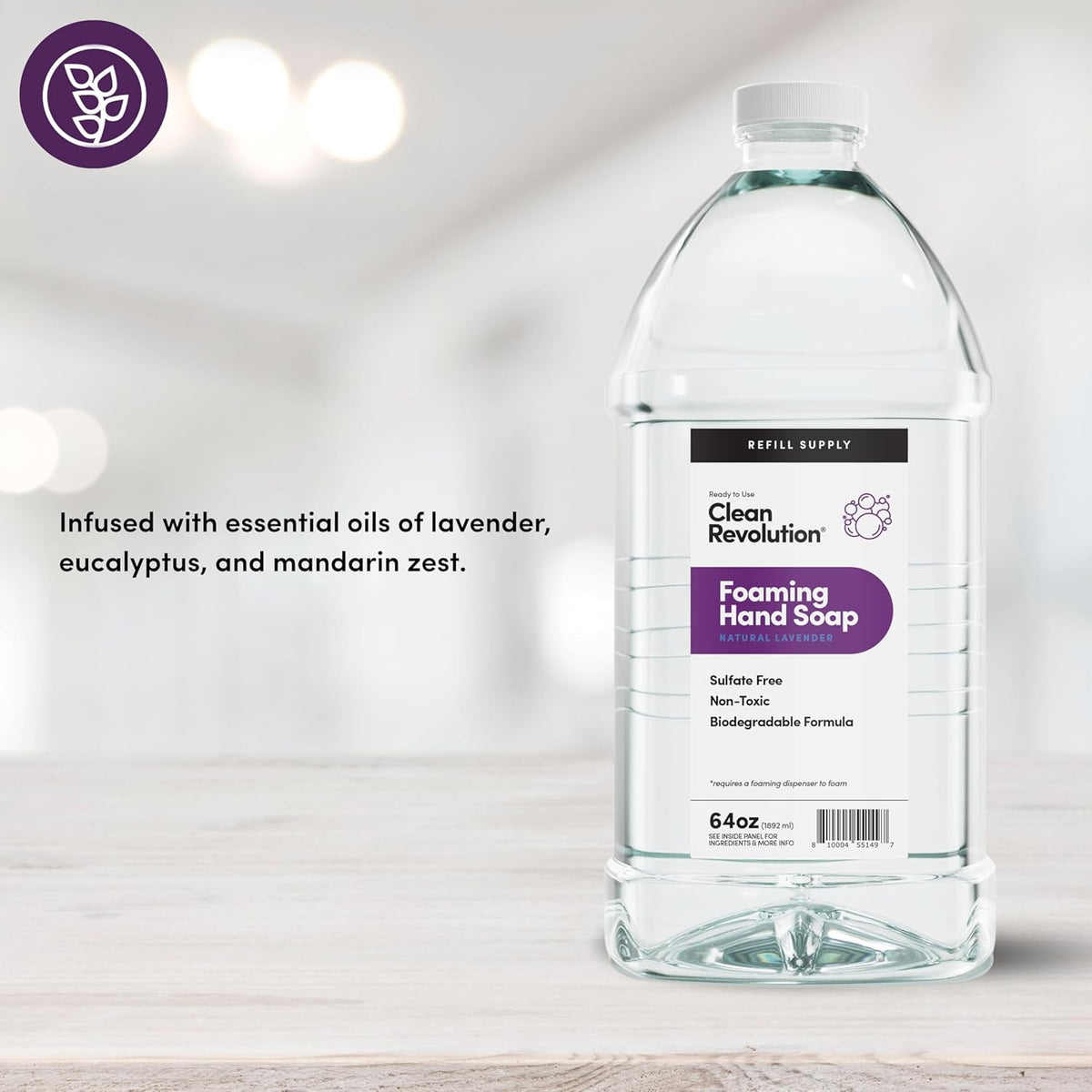 Clean Revolution Foaming Hand Soap Refill Supply Container, Ready to Use Formula, Natural Lavender