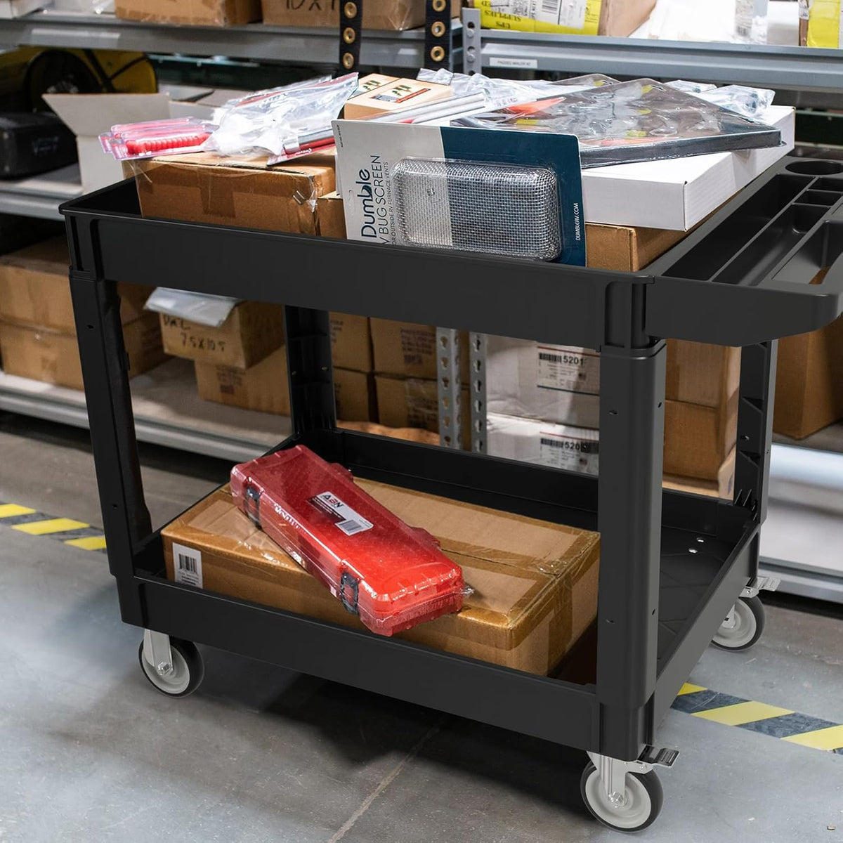 2 Tier Plastic Rolling Cart Utility Cart on Wheels, Heavy Duty Tool Carts with Ergonomic Storage