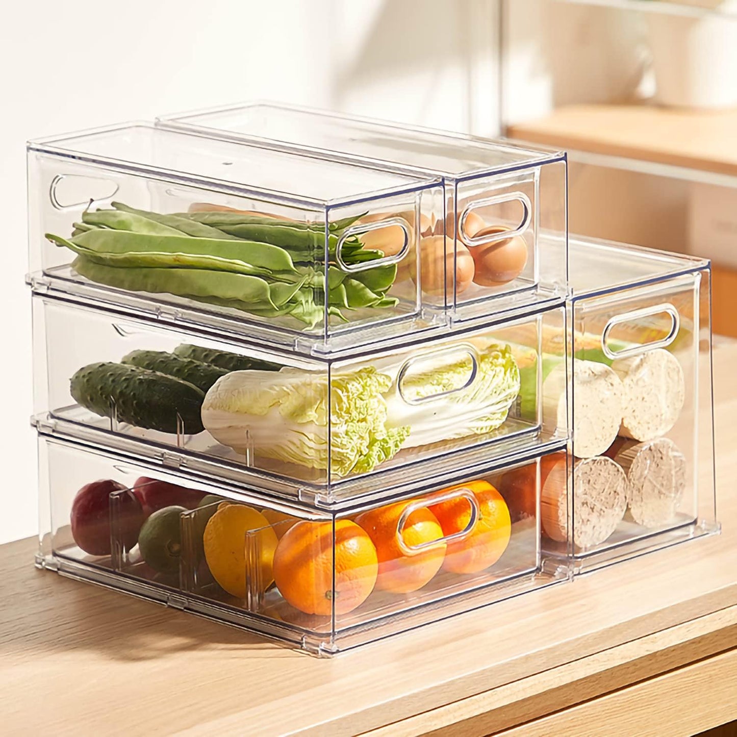 MineSign 4 pack Stackable Fridge Drawers Pull-Out Bins Divided Produce Saver Containers for