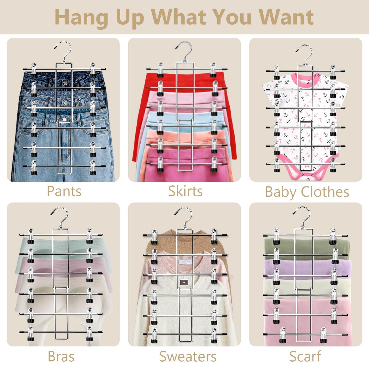 Pants Hangers with Clips,Space Saving Hanging Closet Organizer-6 Tiers Skirt Hangers with 360°