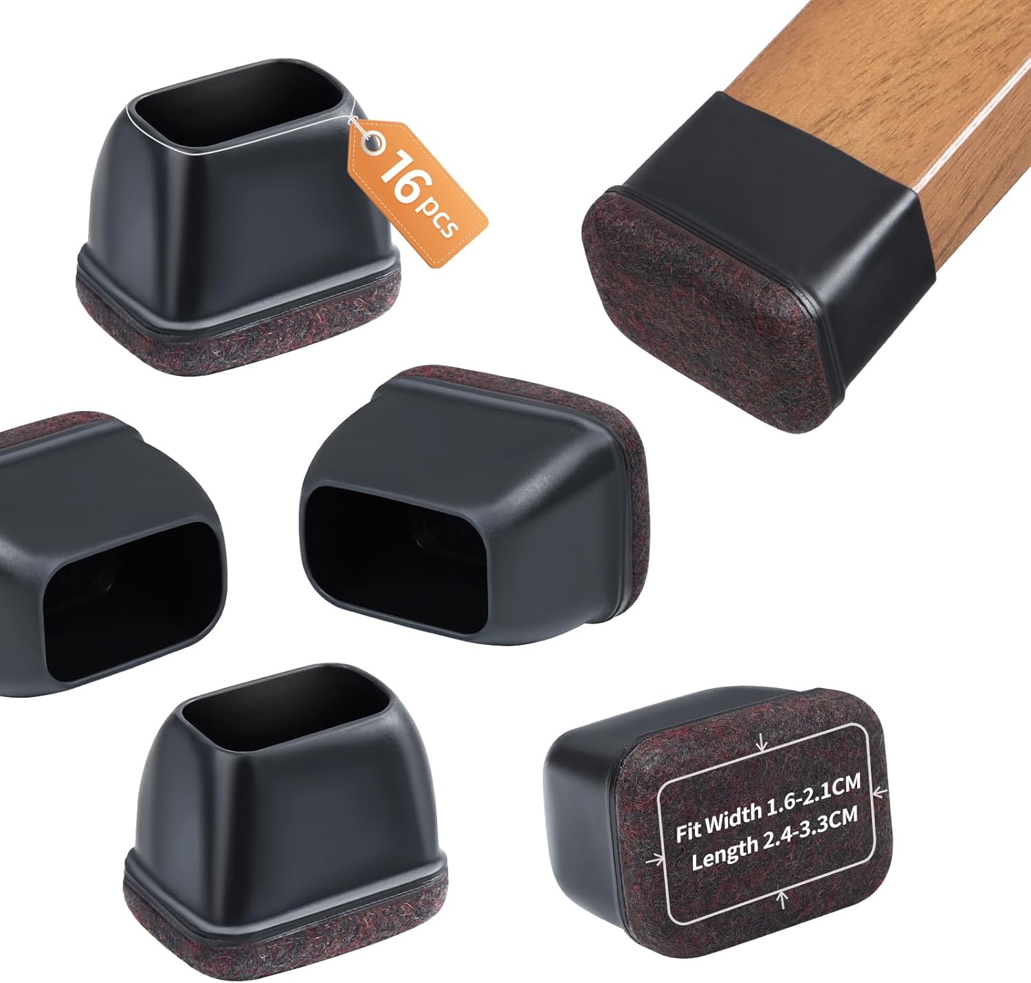 Ezprotekt 16 Pcs Rectangle Black Felt Chair Leg Floor Protectors for Hardwood Floors, Rectangle