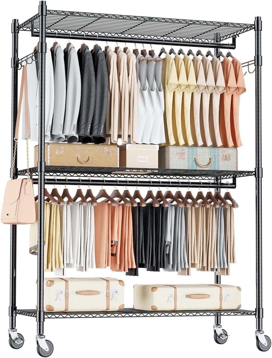 Homdox 3 Tier Heavy Duty Garment Rack with Wheels, Adjustable Wire Clothes Rack with Double Hanging
