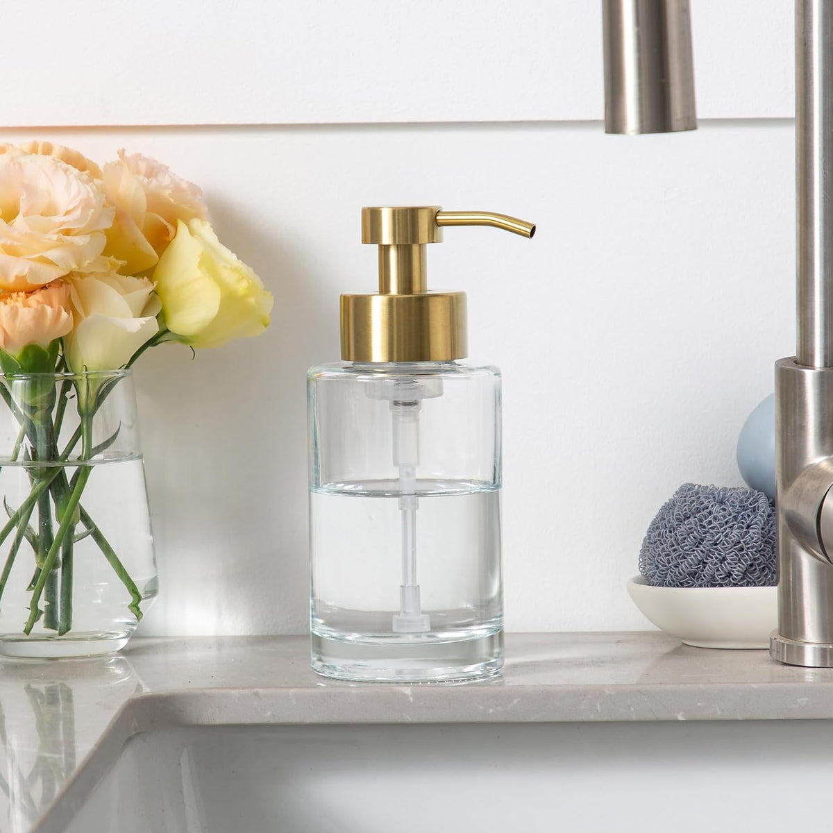 Enra Foam Soap Dispenser,12oz Thick Glass Bathroom Soap Dispenser with Stainless Steel Gold Pump