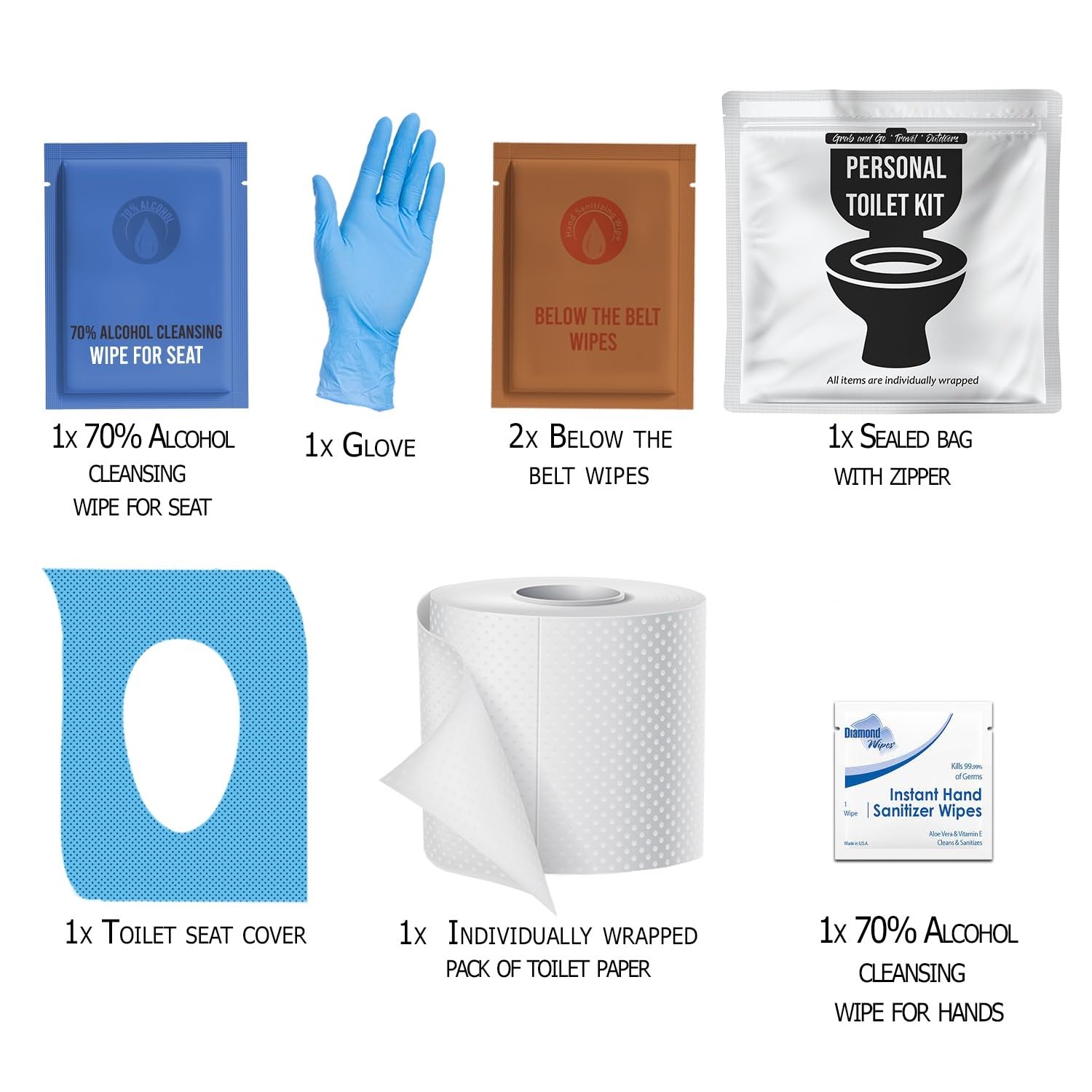 Personal Toilet Kit To Go – 10 Pack | Disposable Public Restroom Kit | Individually Wrapped for