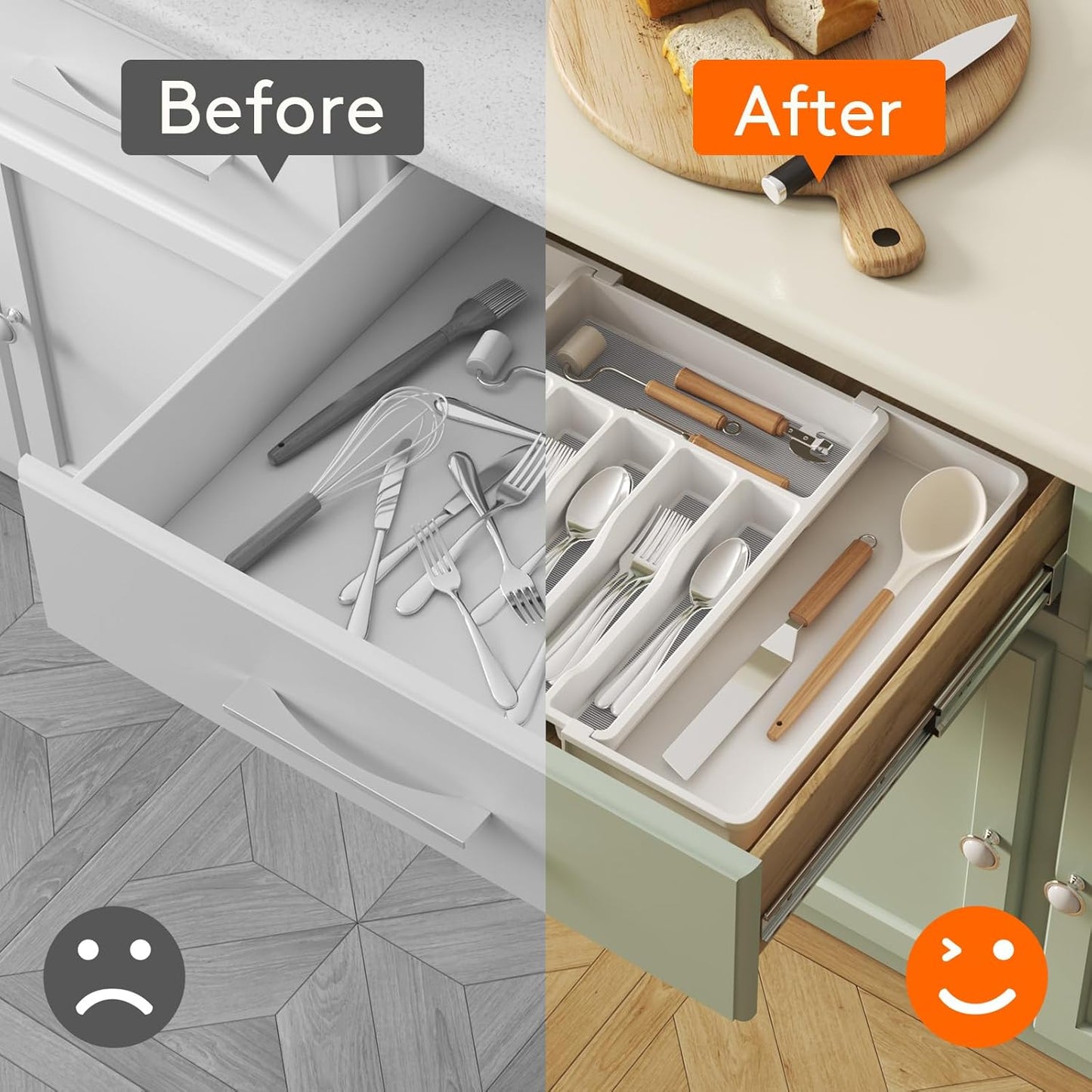 Lifewit Silverware Drawer Organizer, Expandable Utensil Tray with Non-Slip TPR, Deep Flatware
