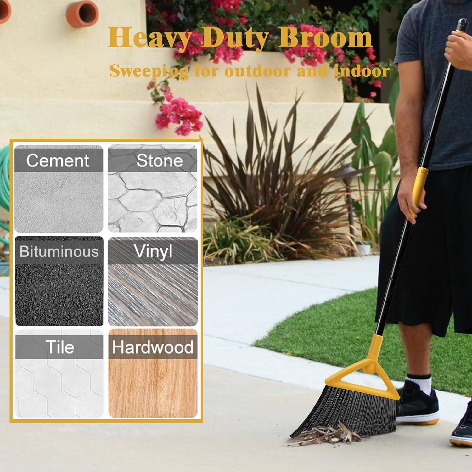 Heavy Duty Commercial Broom, Upgraded Angle Broom for Sweeping Indoor and Outdoor, Perfect Yellow