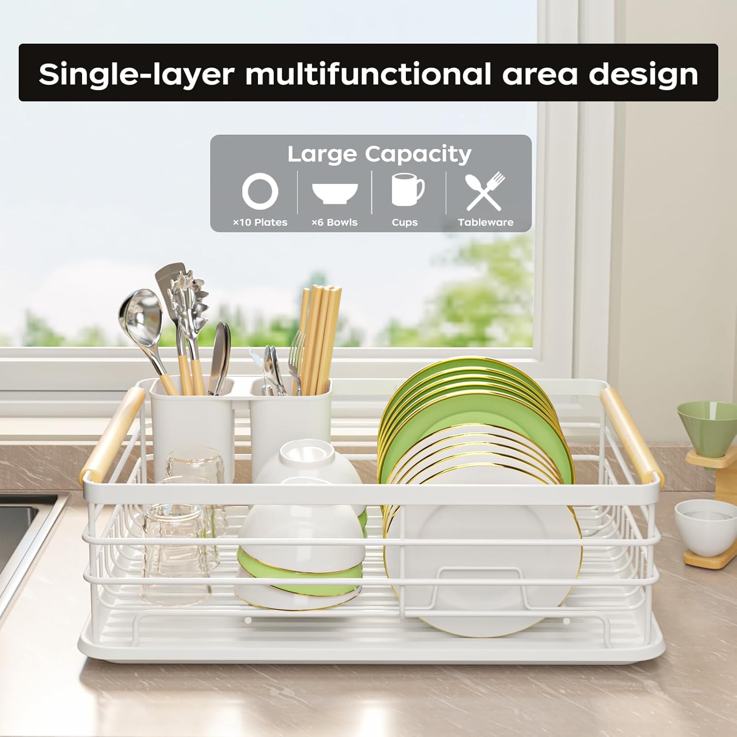 Dish Racks for Kitchen Counter: Wooden Handles, Thickened Metal, No Assembly. Small Dish Drying