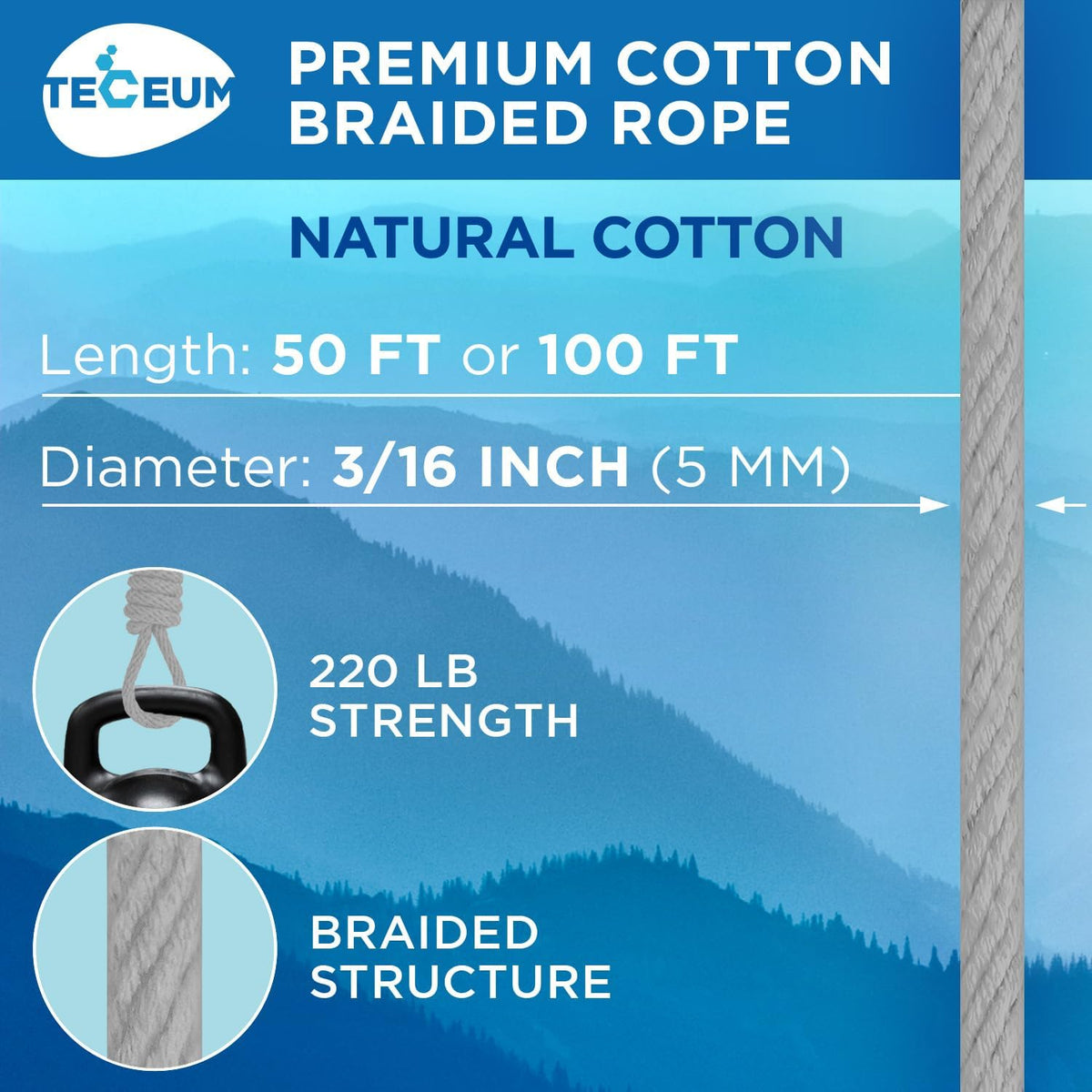 TECEUM Cotton Rope 3/16” (5 mm) – 50 FT – Strong All-Purpose Braided Rope – Natural Cotton – for