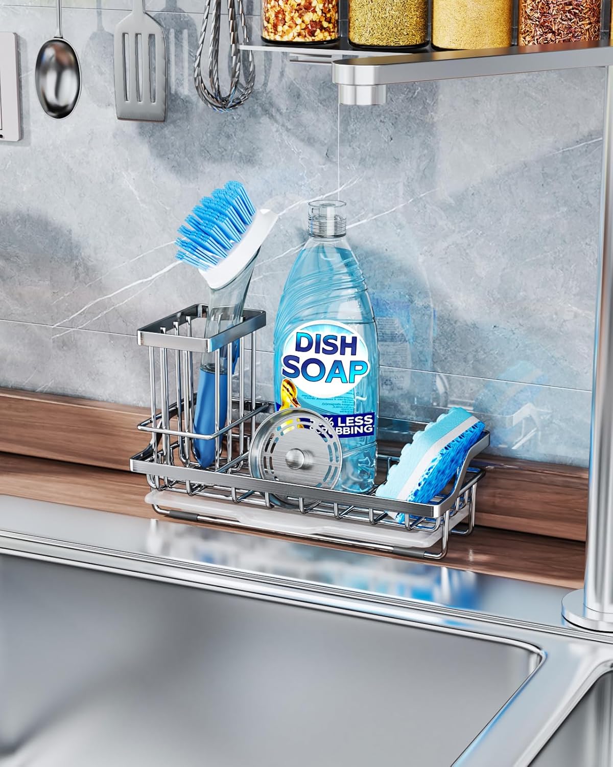 Consumest Sink Caddy, Kitchen Sponge Holder with Dish Brush Holder, Kitchen Organizer with Drip