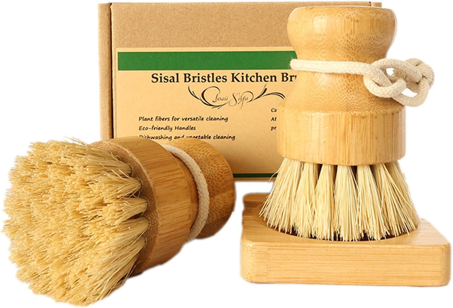 Bamboo Palm Dish Brush Set, Natural Bristle Dish Brush with Holder, Eco Friendly Soft Scrub Kitchen