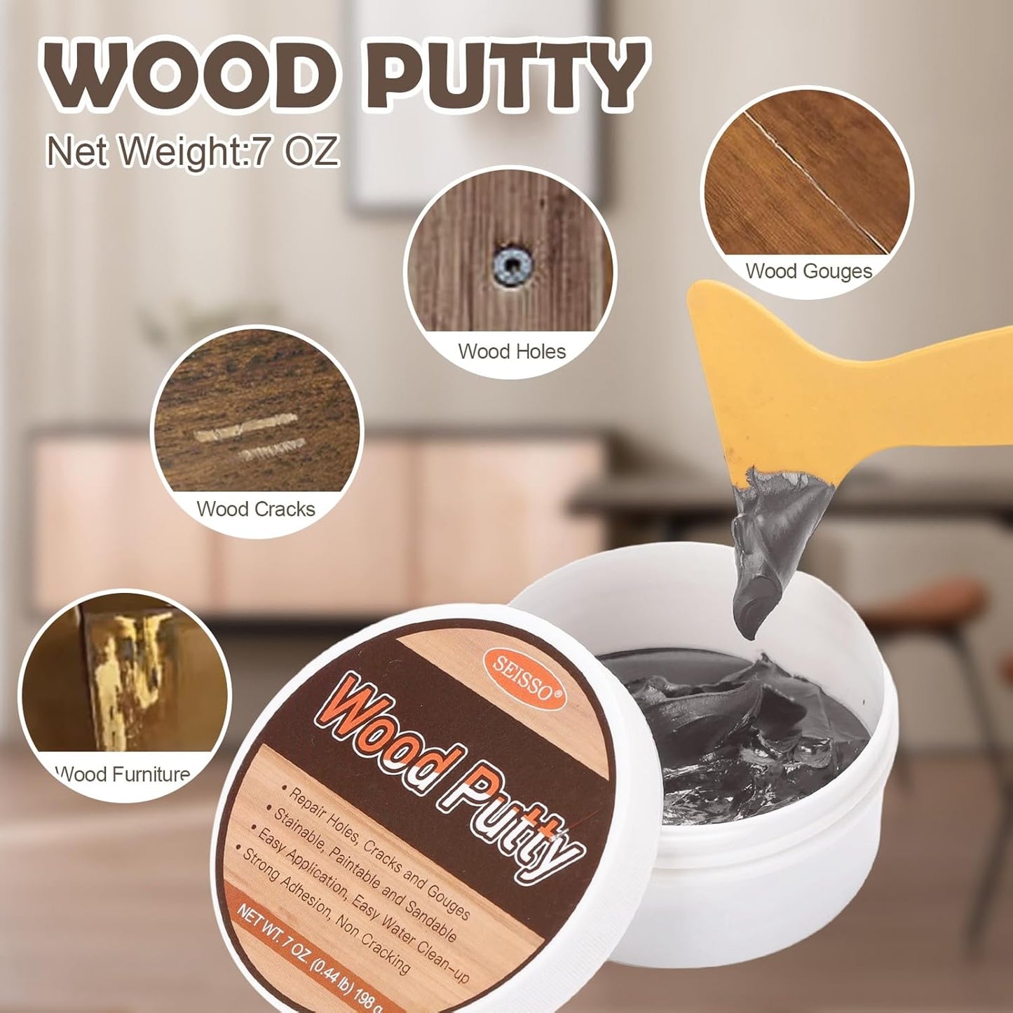 SEISSO Wood Putty, Gray Wood Filler Paintable, Wood Putty Outdoor Waterproof, Wood Repair Putty