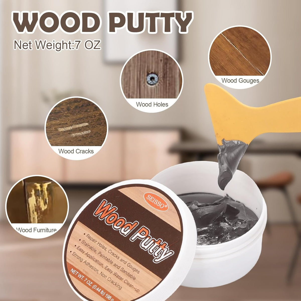 SEISSO Wood Putty, Gray Wood Filler Paintable, Wood Putty Outdoor Waterproof, Wood Repair Putty