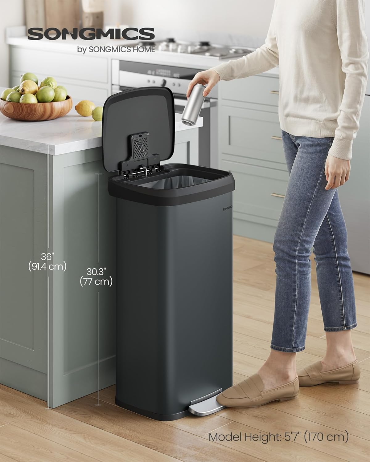 SONGMICS Kitchen Trash Can, 18-Gallon Stainless Steel Garbage Can, with Stay-Open Lid and Step-on